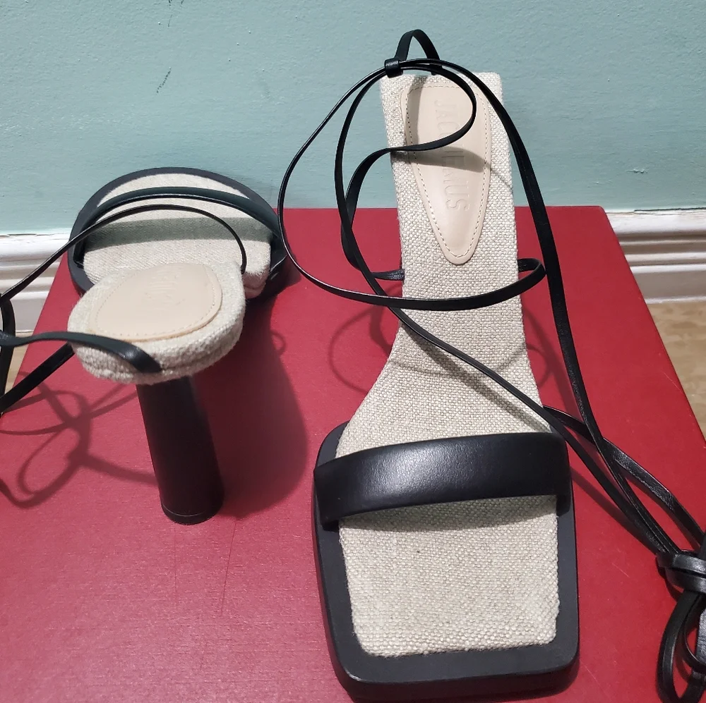 NEW JACQUEMUS Les Carre Rond Black Leather & Linen Sandals sz 38 - Picture 10 of 14